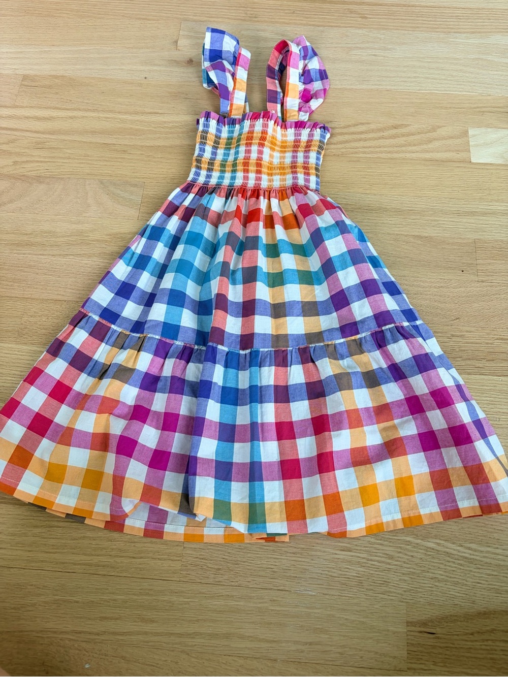 Tea Collection Rainbow Plaid Smocked Dress Girls Size 3